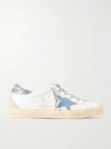 Superstar distressed denim-trimmed glittered leather sneakers Superstar distressed denim-trimmed glittered leather sneakers