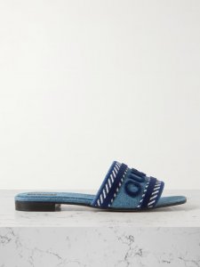 Jane velvet-trimmed embroidered denim slides Jane velvet-trimmed embroidered denim slides