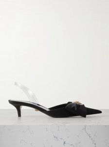 Medusa bow embellished rubber-trimmed satin slingback pumps Medusa bow embellished rubber-trimmed satin slingback pumps