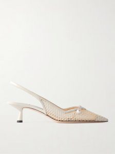 Amita 45 faux-pearl embellished leather-trimmed mesh slingback pumps Amita 45 faux-pearl embellished leather-trimmed mesh slingback pumps
