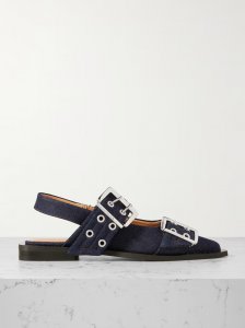 Buckled eyelet-embellished recycled denim ballet flats Buckled eyelet-embellished recycled denim ballet flats