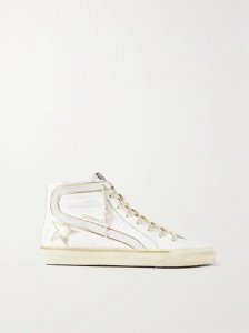 Slide distressed suede and metallic-trimmed leather high-top sneakers Slide distressed suede and metallic-trimmed leather high-top sneakers