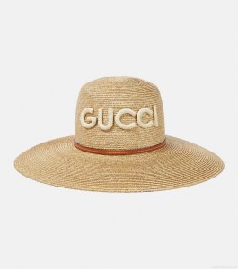 GucciLogo leather-trimmed straw sunhat GucciLogo leather-trimmed straw sunhat