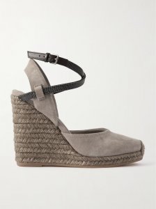 Bead-embellished leather-trimmed suede espadrilles Bead-embellished leather-trimmed suede espadrilles