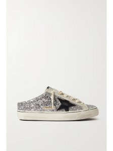 Super-Star Sabot distressed glittered leather and suede slip-on sneakers Super-Star Sabot distressed glittered leather and suede slip-on sneakers