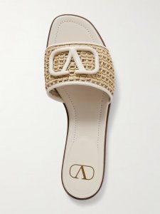 VLOGO embellished leather-trimmed raffia slides VLOGO embellished leather-trimmed raffia slides