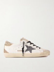 Super-Star distressed suede-trimmed glittered leather sneakers Super-Star distressed suede-trimmed glittered leather sneakers