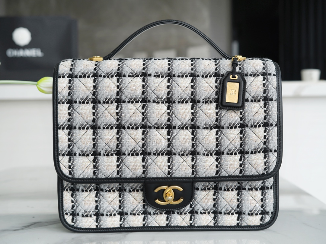 CHANEL Black and White Tweed Shoulder Bag