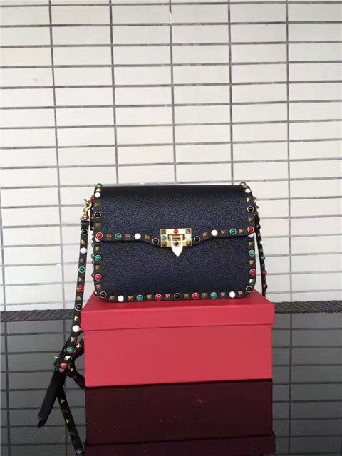 Valentino Rockstud textured-leather Black with multicolored cabochons