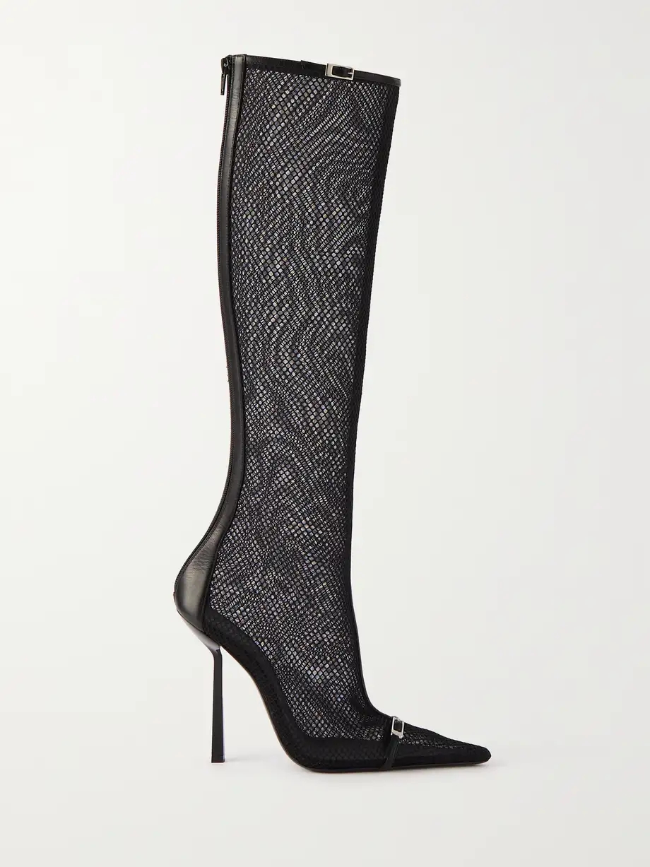 Oxalis buckle-embellished leather-trimmed mesh knee boots Oxalis buckle-embellished leather-trimmed mesh knee boots