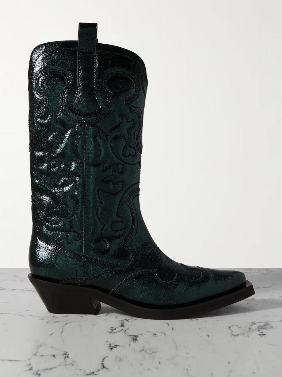 Embroidered metallic recycled faux leather cowboy boots Embroidered metallic recycled faux leather cowboy boots