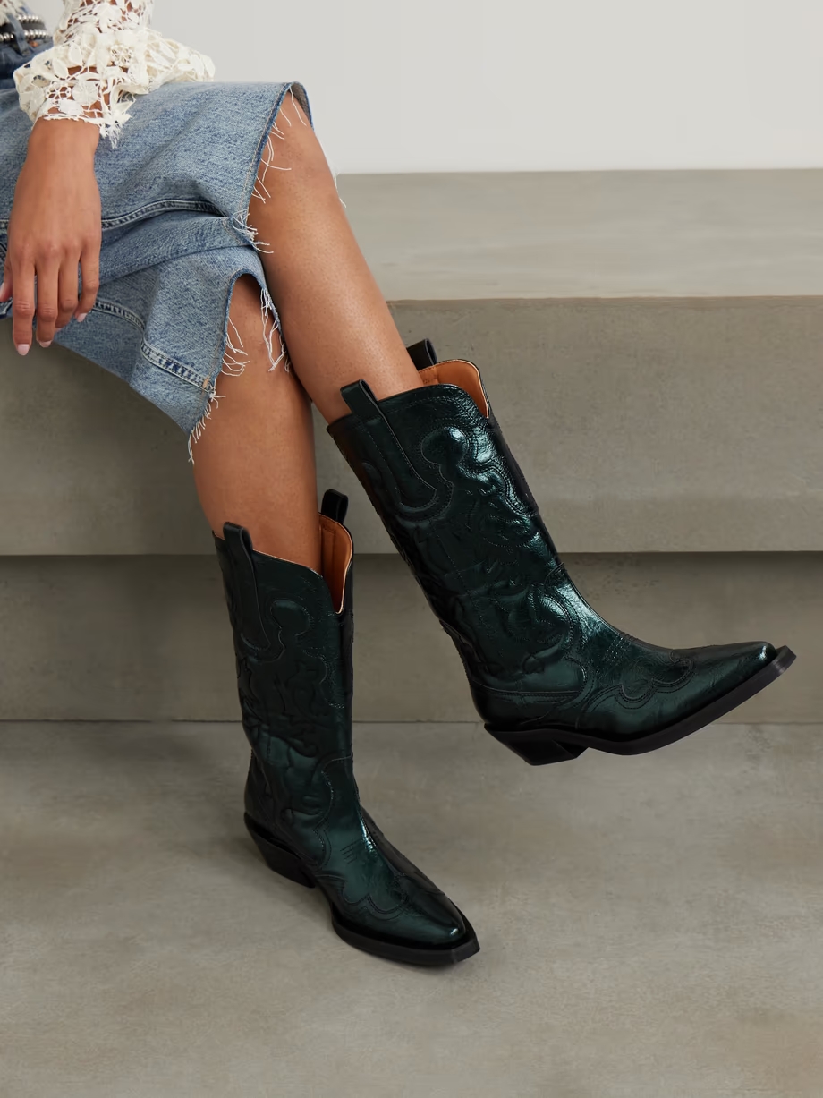 Embroidered metallic recycled faux leather cowboy boots Embroidered metallic recycled faux leather cowboy boots