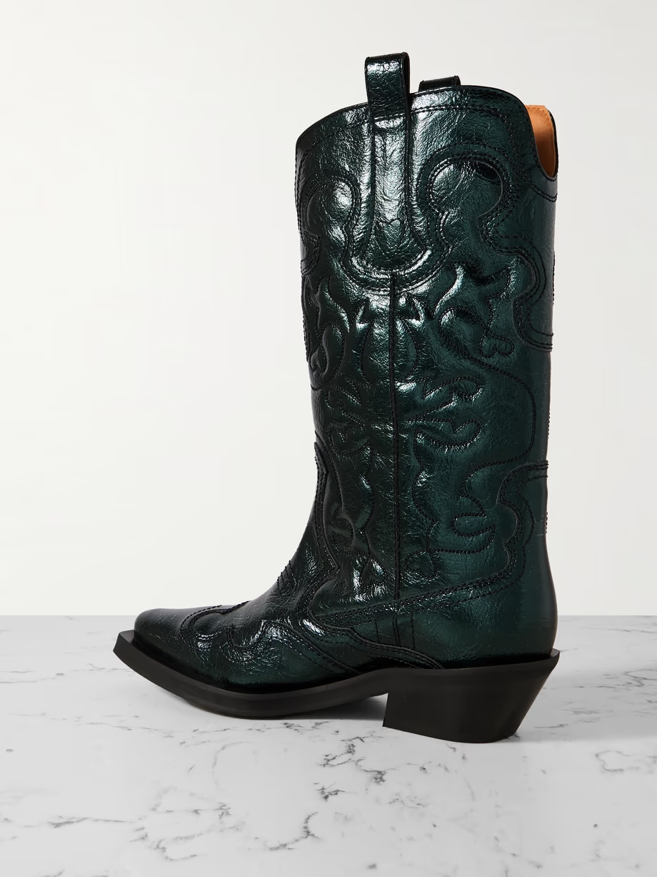 Embroidered metallic recycled faux leather cowboy boots Embroidered metallic recycled faux leather cowboy boots