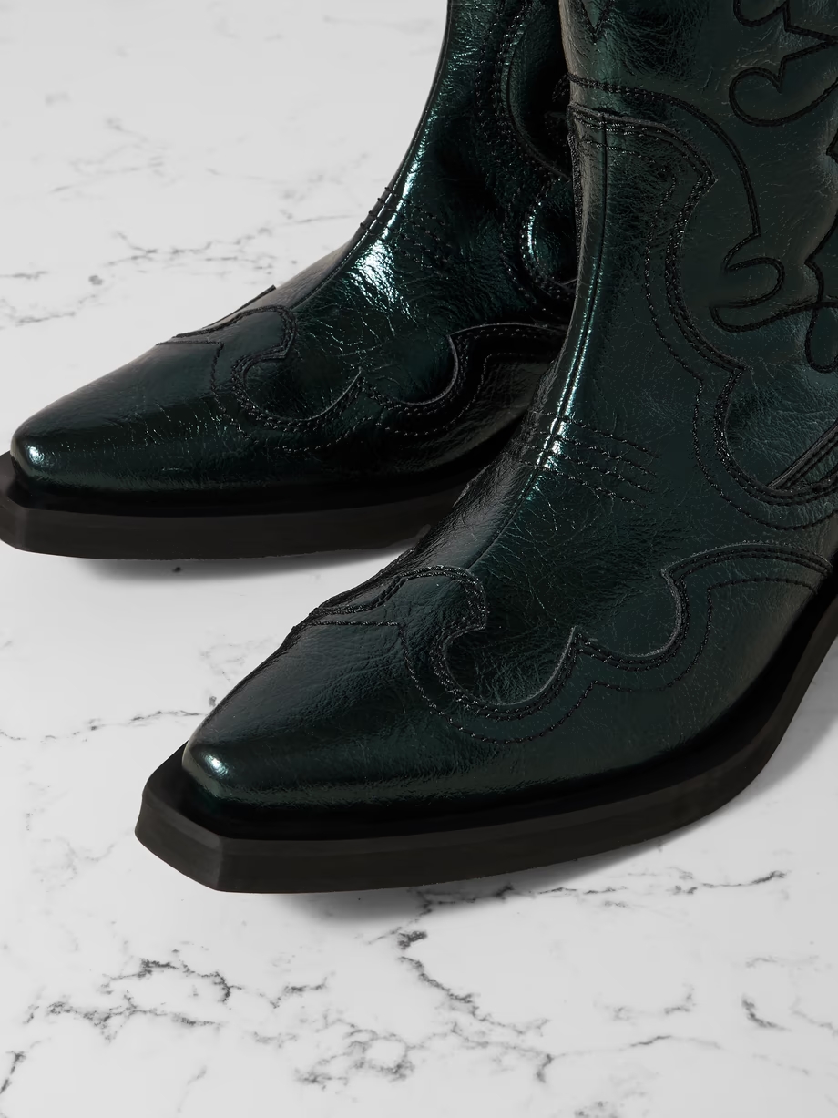 Embroidered metallic recycled faux leather cowboy boots Embroidered metallic recycled faux leather cowboy boots