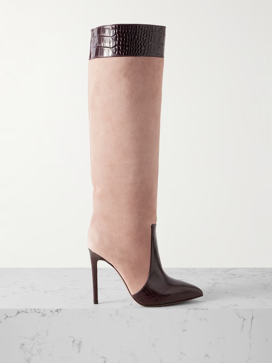 Croc-effect leather-trimmed suede knee-high boots Croc-effect leather-trimmed suede knee-high boots