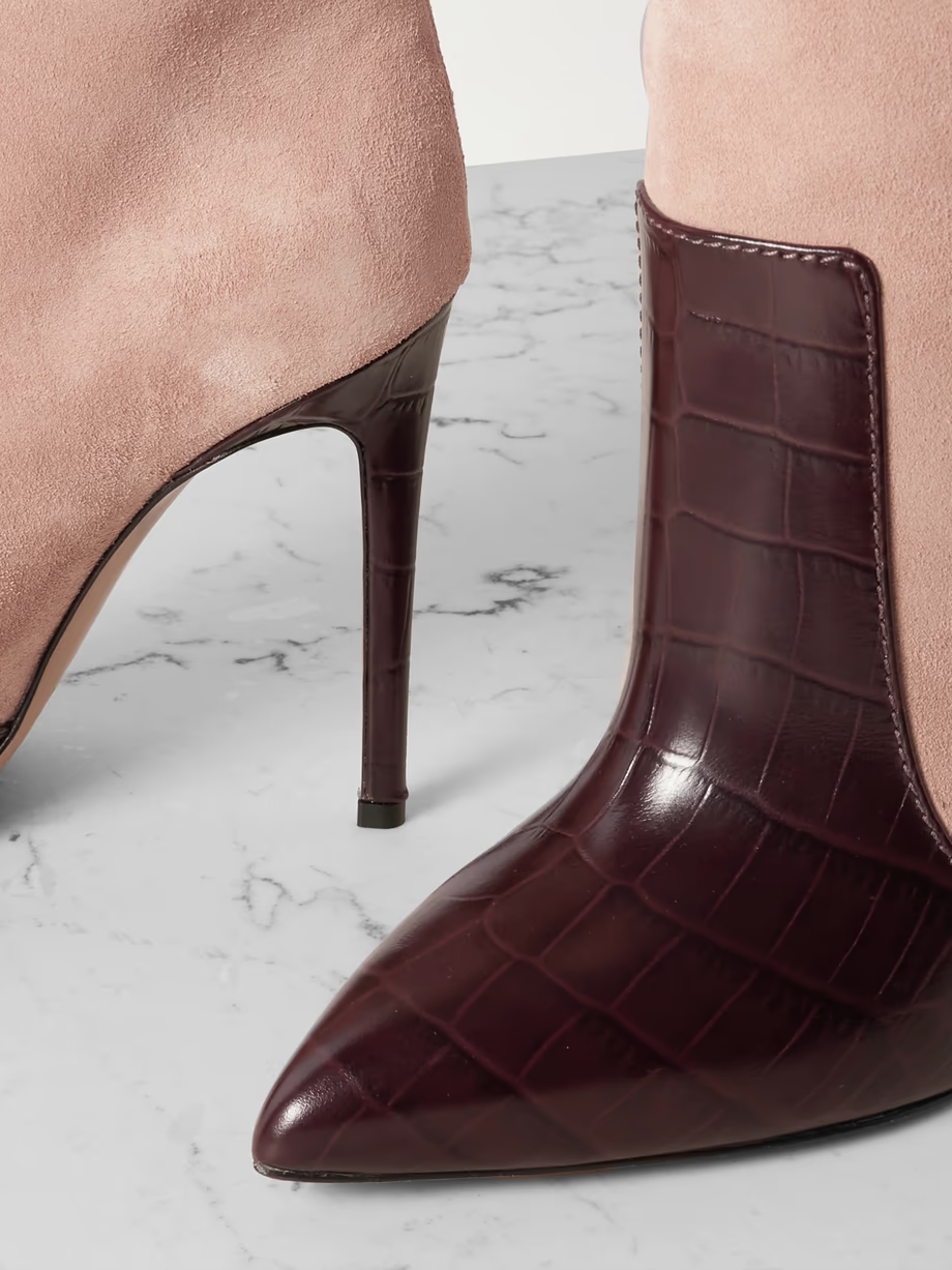 Croc-effect leather-trimmed suede knee-high boots Croc-effect leather-trimmed suede knee-high boots