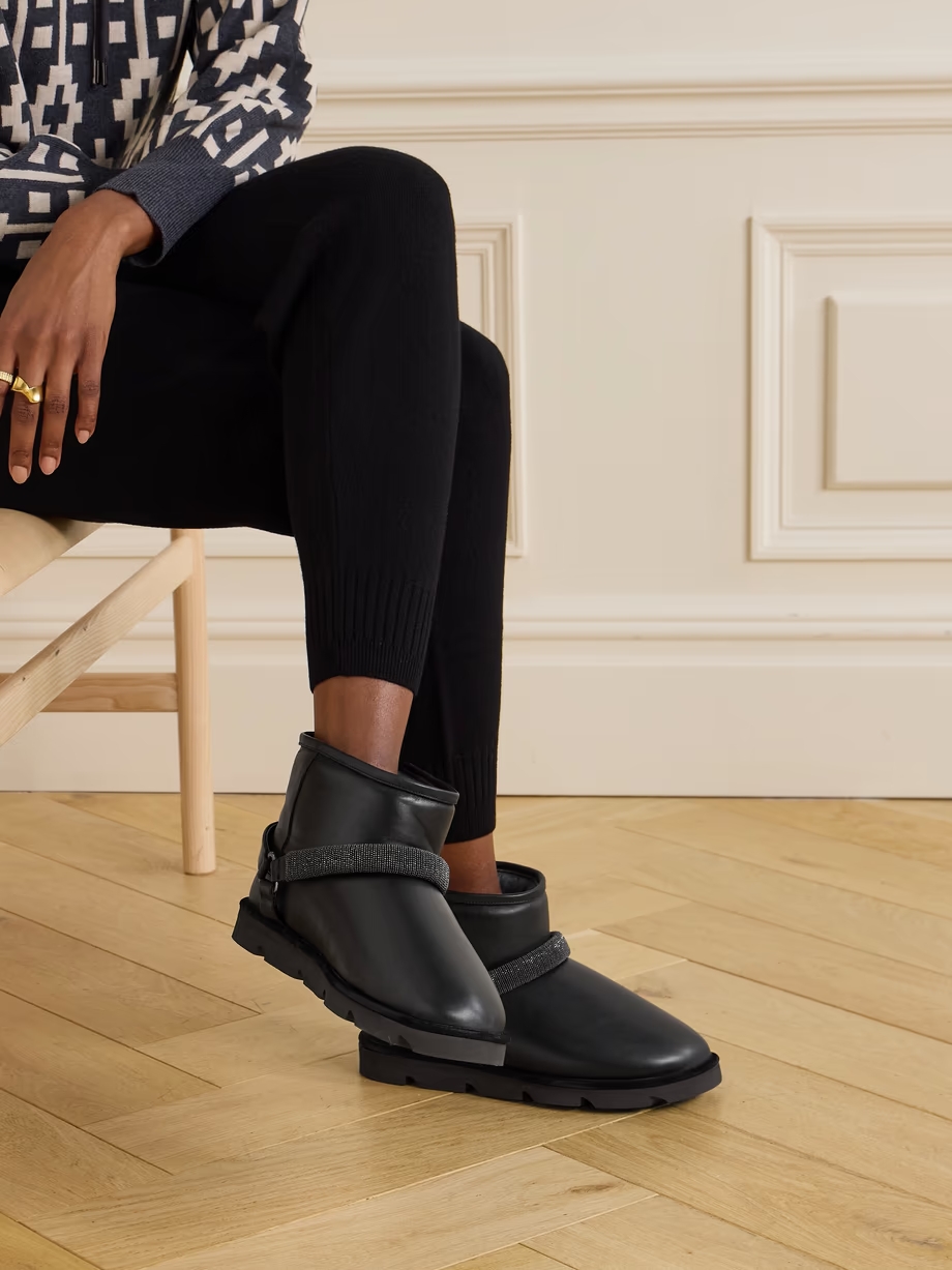 Bead-embellished shearling-lined padded leather ankle boots Bead-embellished shearling-lined padded leather ankle boots