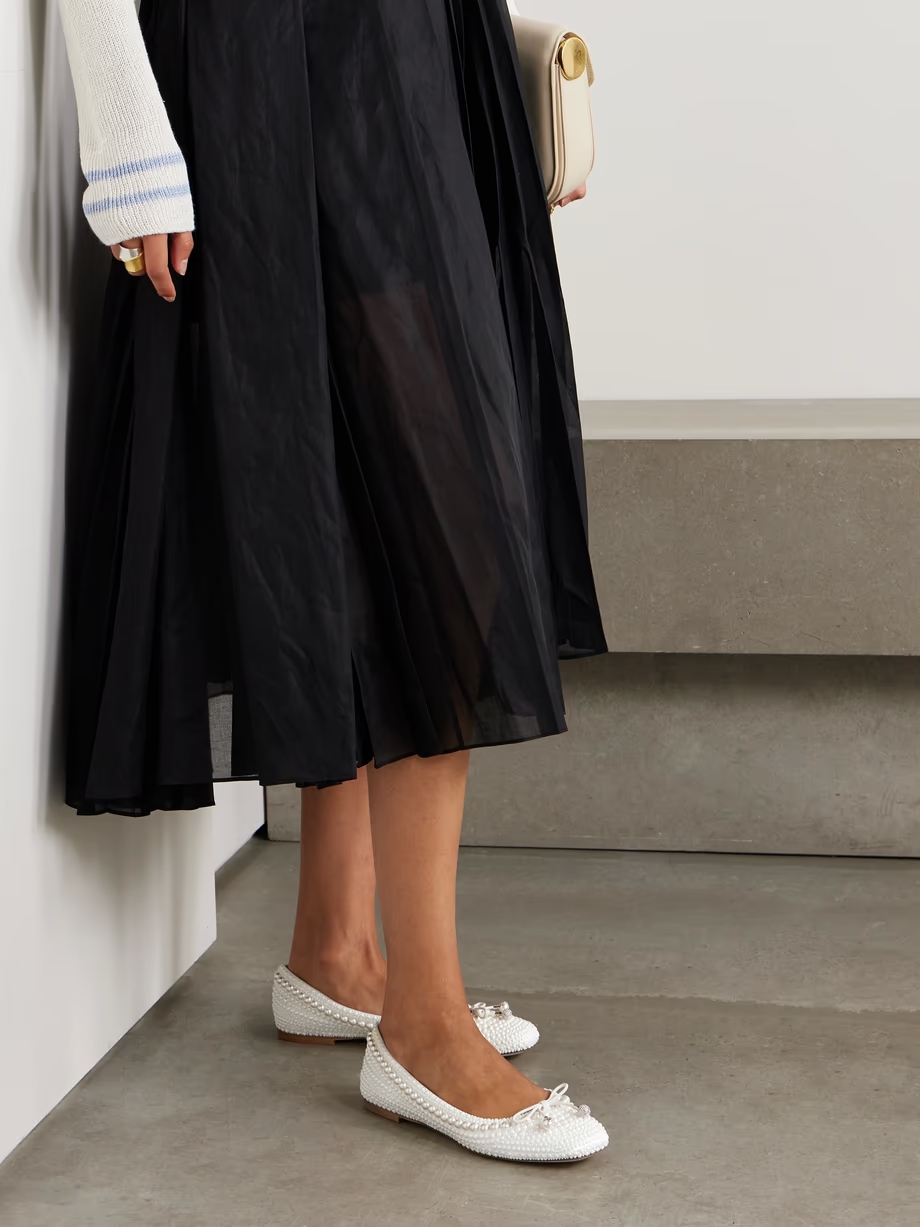 Elme leather-trimmed embellished satin ballet flats Elme leather-trimmed embellished satin ballet flats