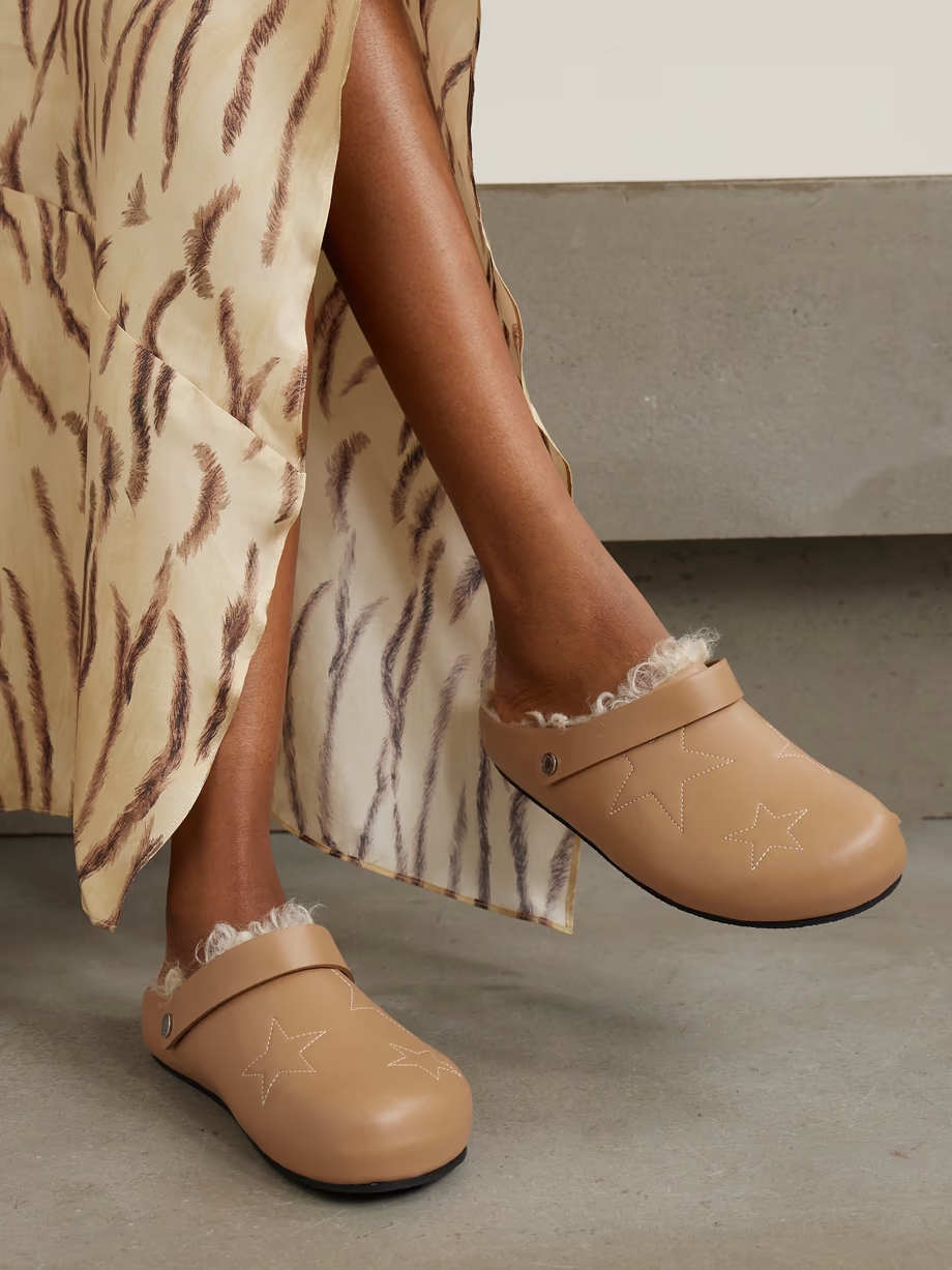 Elyse embroidered faux shearling-lined vegetarian leather mules Elyse embroidered faux shearling-lined vegetarian leather mules