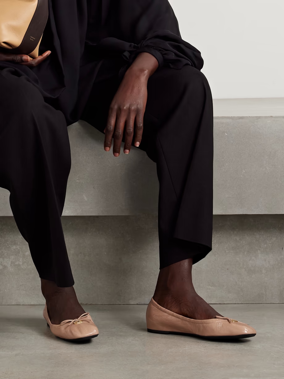 VLOGO bow-embellished crinkled patent-leather ballet flats VLOGO bow-embellished crinkled patent-leather ballet flats