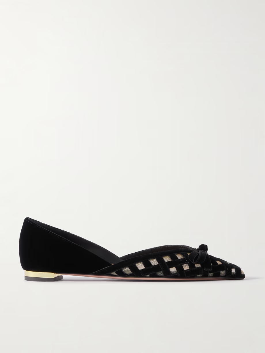 Romance bow-embellished mesh-trimmed velvet pointed-toe ballet flats Romance bow-embellished mesh-trimmed velvet pointed-toe ballet flats