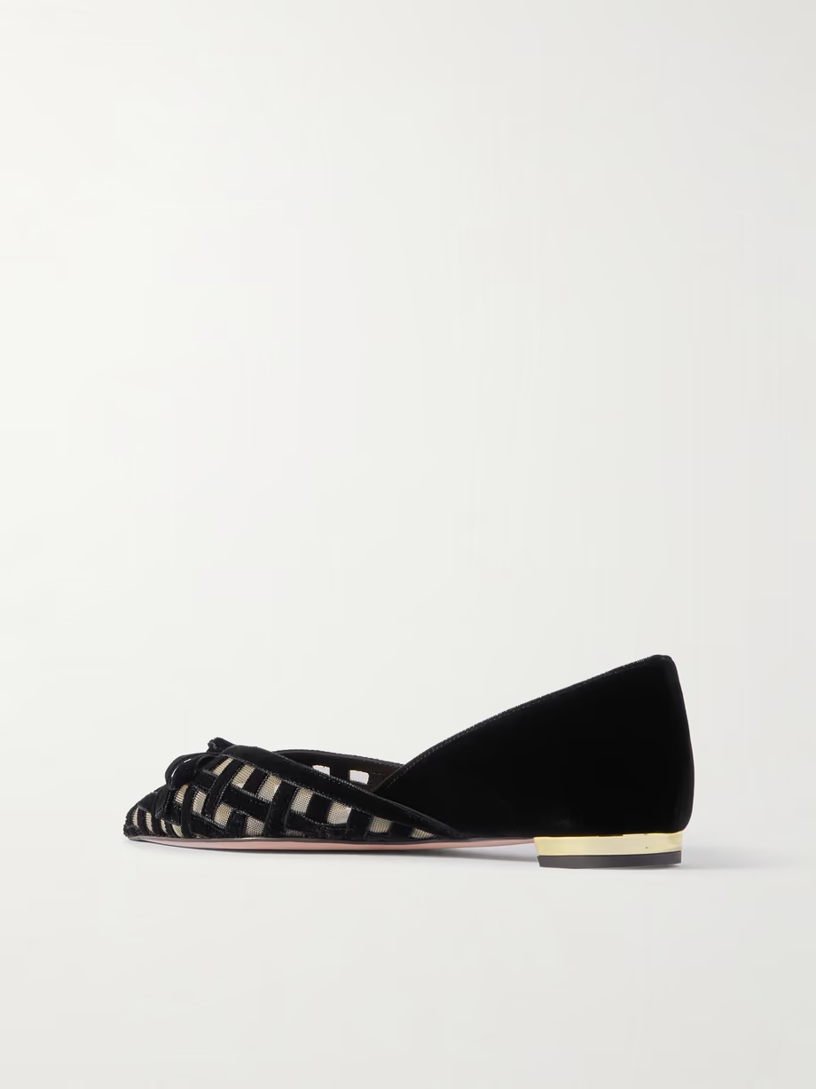 Romance bow-embellished mesh-trimmed velvet pointed-toe ballet flats Romance bow-embellished mesh-trimmed velvet pointed-toe ballet flats