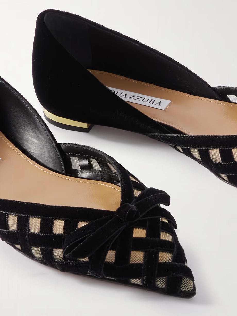 Romance bow-embellished mesh-trimmed velvet pointed-toe ballet flats Romance bow-embellished mesh-trimmed velvet pointed-toe ballet flats