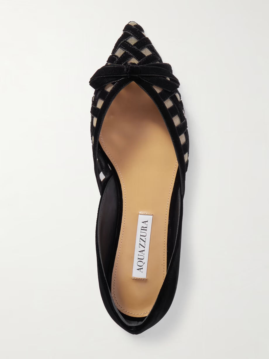 Romance bow-embellished mesh-trimmed velvet pointed-toe ballet flats Romance bow-embellished mesh-trimmed velvet pointed-toe ballet flats