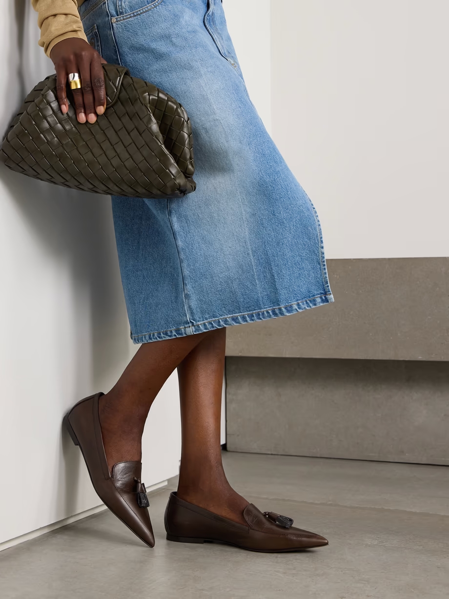 Bead-embellished tassled leather loafers Bead-embellished tassled leather loafers