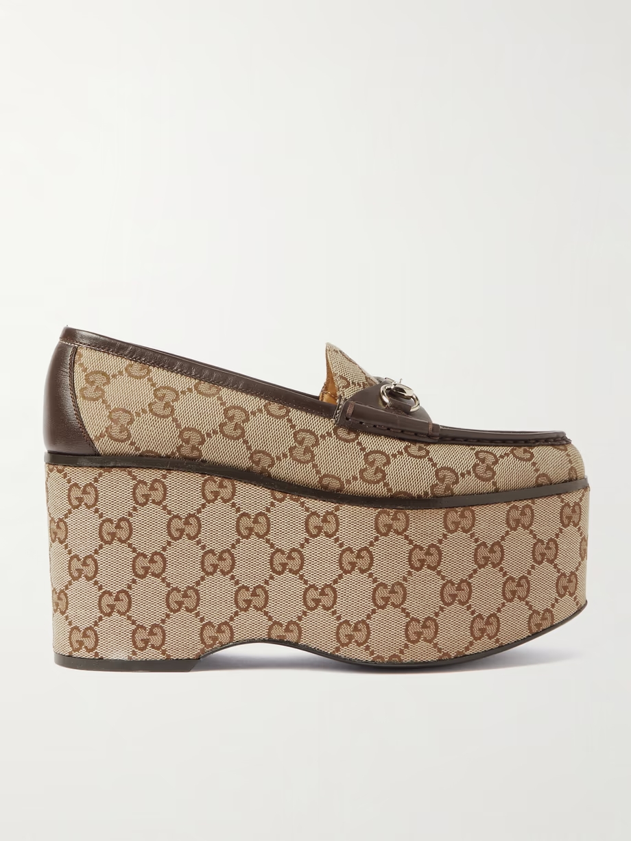 Horsebit leather-trimmed canvas-jacquard platform loafers Horsebit leather-trimmed canvas-jacquard platform loafers