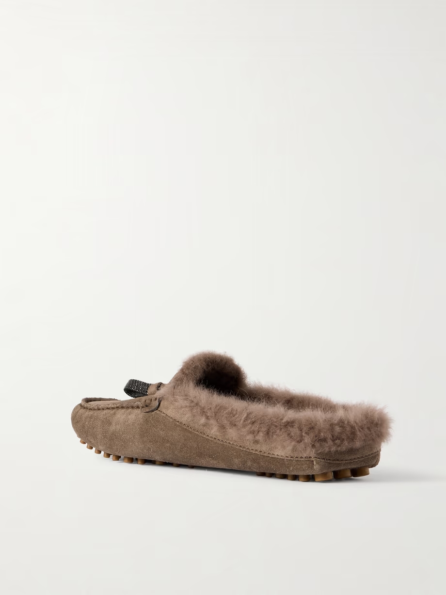 Tasseled shearling-lined suede slippers Tasseled shearling-lined suede slippers