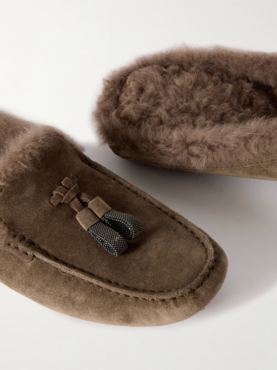 Tasseled shearling-lined suede slippers Tasseled shearling-lined suede slippers