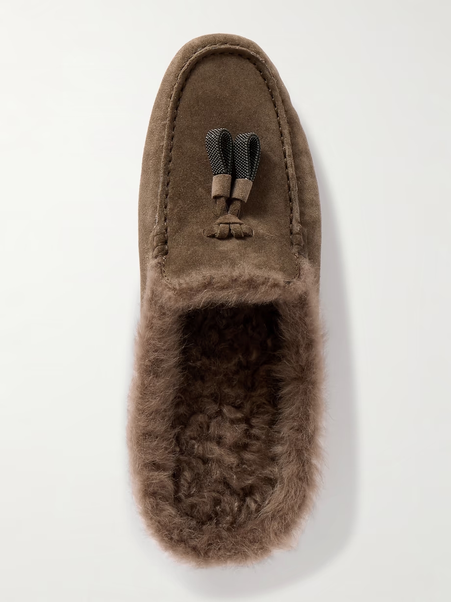 Tasseled shearling-lined suede slippers Tasseled shearling-lined suede slippers