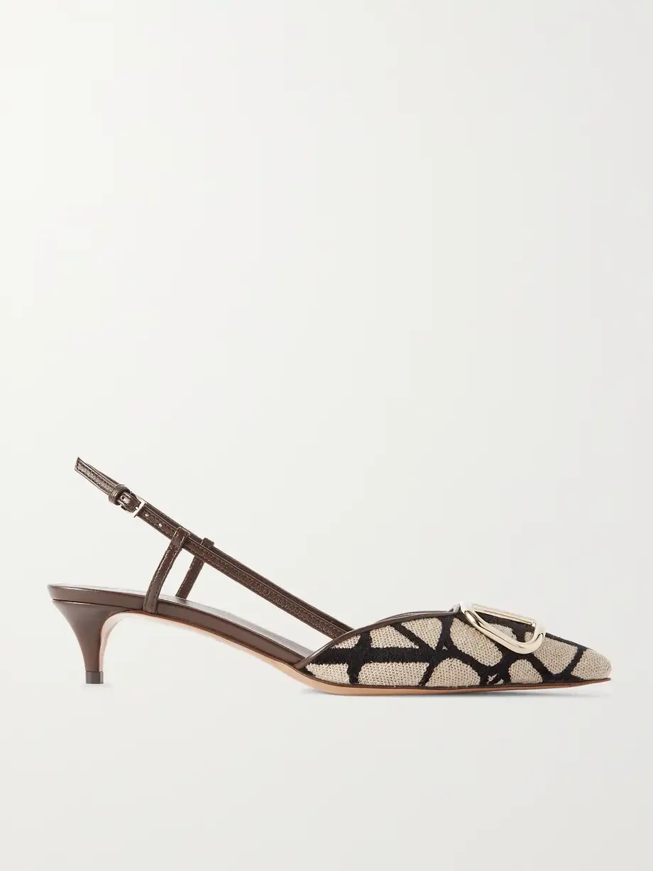VLOGO 40 embellished leather-trimmed flocked canvas slingback pumps VLOGO 40 embellished leather-trimmed flocked canvas slingback pumps