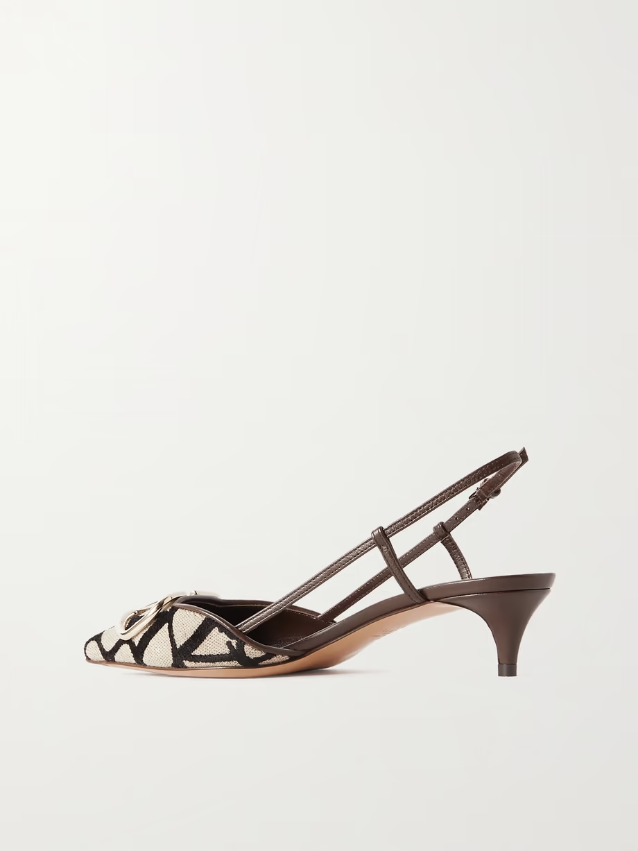 VLOGO 40 embellished leather-trimmed flocked canvas slingback pumps VLOGO 40 embellished leather-trimmed flocked canvas slingback pumps