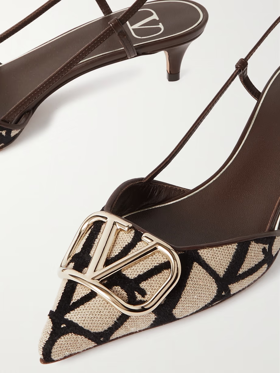 VLOGO 40 embellished leather-trimmed flocked canvas slingback pumps VLOGO 40 embellished leather-trimmed flocked canvas slingback pumps