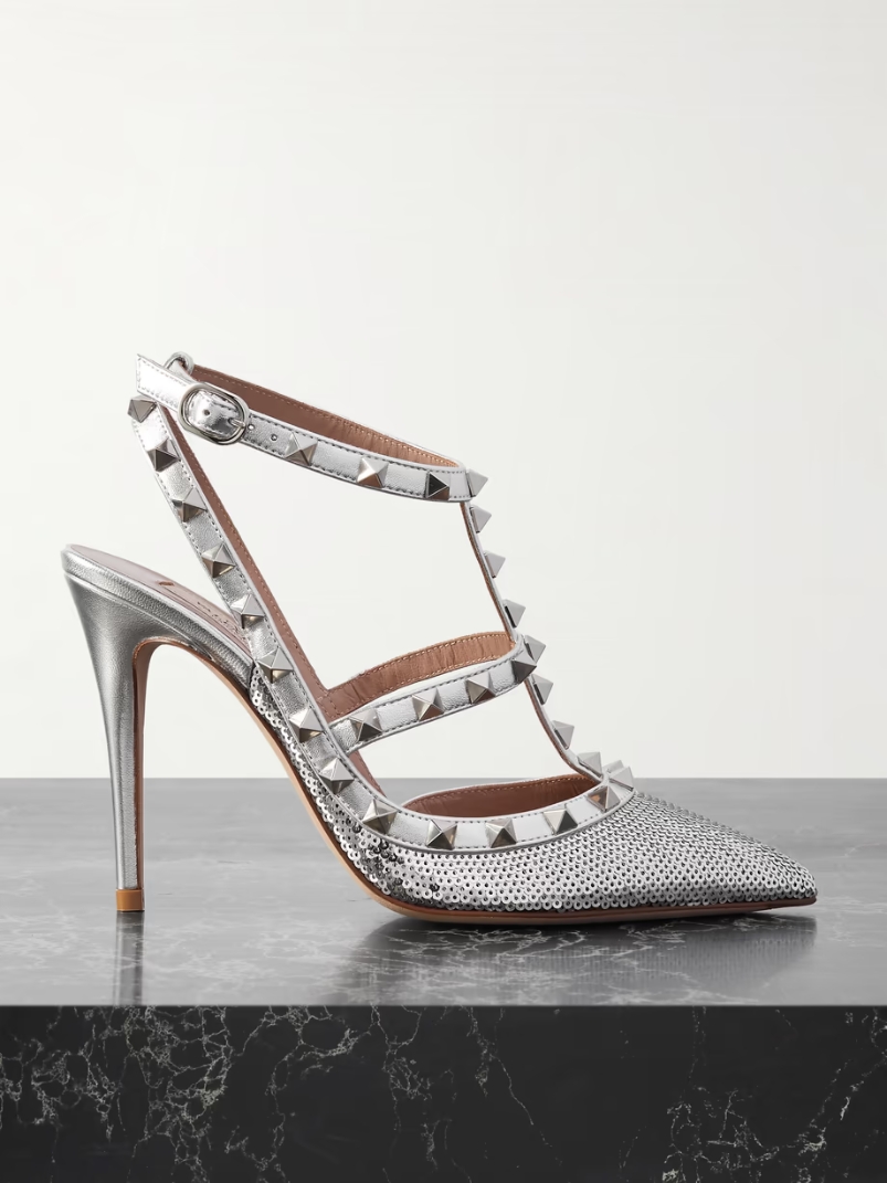 Rockstud 100 sequined metallic leather point-toe pumps Rockstud 100 sequined metallic leather point-toe pumps