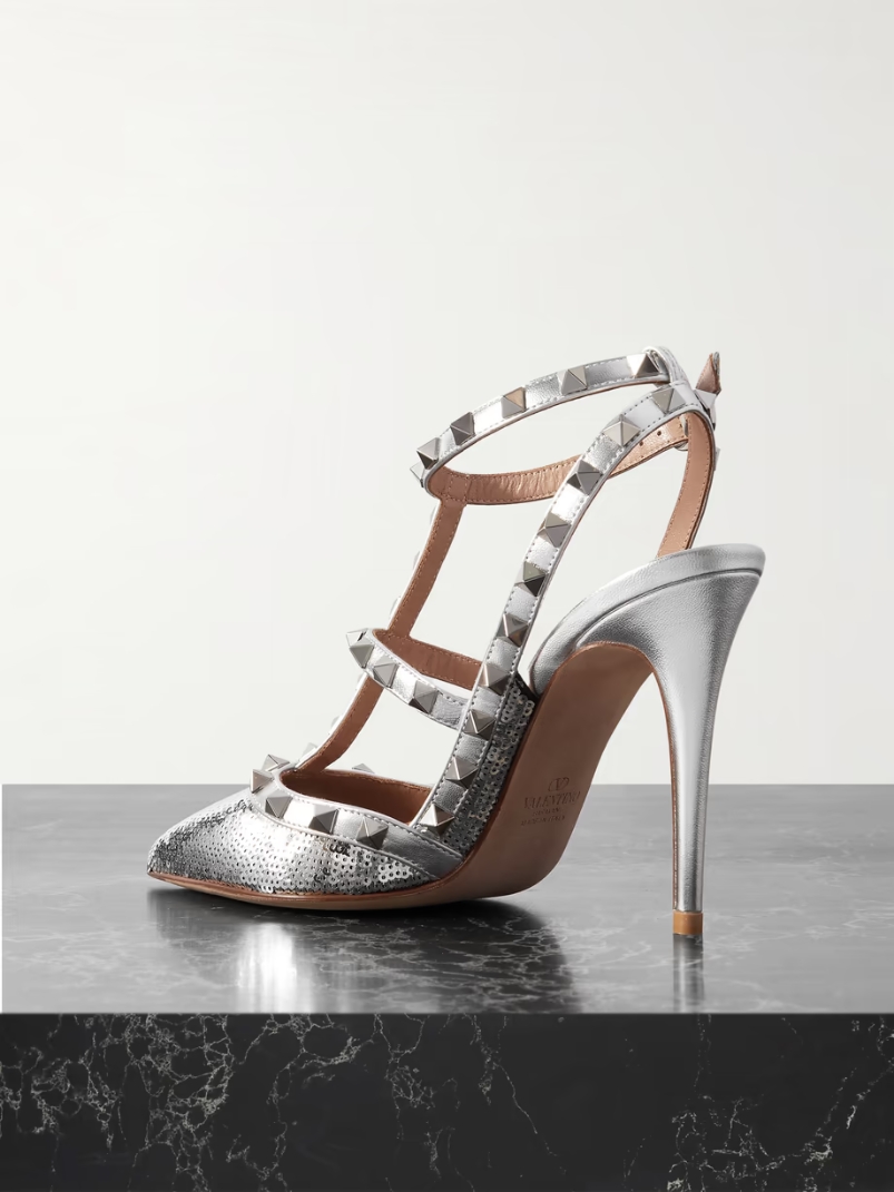 Rockstud 100 sequined metallic leather point-toe pumps Rockstud 100 sequined metallic leather point-toe pumps