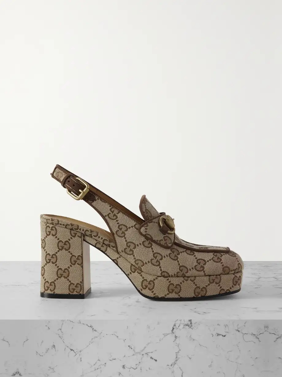 Lady horsebit-detailed suede-trimmed canvas-jacquard slingback platform pumps Lady horsebit-detailed suede-trimmed canvas-jacquard slingback platform pumps