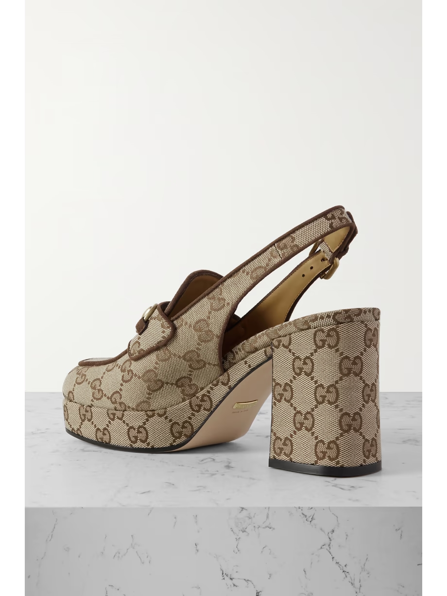 Lady horsebit-detailed suede-trimmed canvas-jacquard slingback platform pumps Lady horsebit-detailed suede-trimmed canvas-jacquard slingback platform pumps