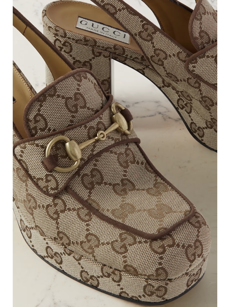 Lady horsebit-detailed suede-trimmed canvas-jacquard slingback platform pumps Lady horsebit-detailed suede-trimmed canvas-jacquard slingback platform pumps