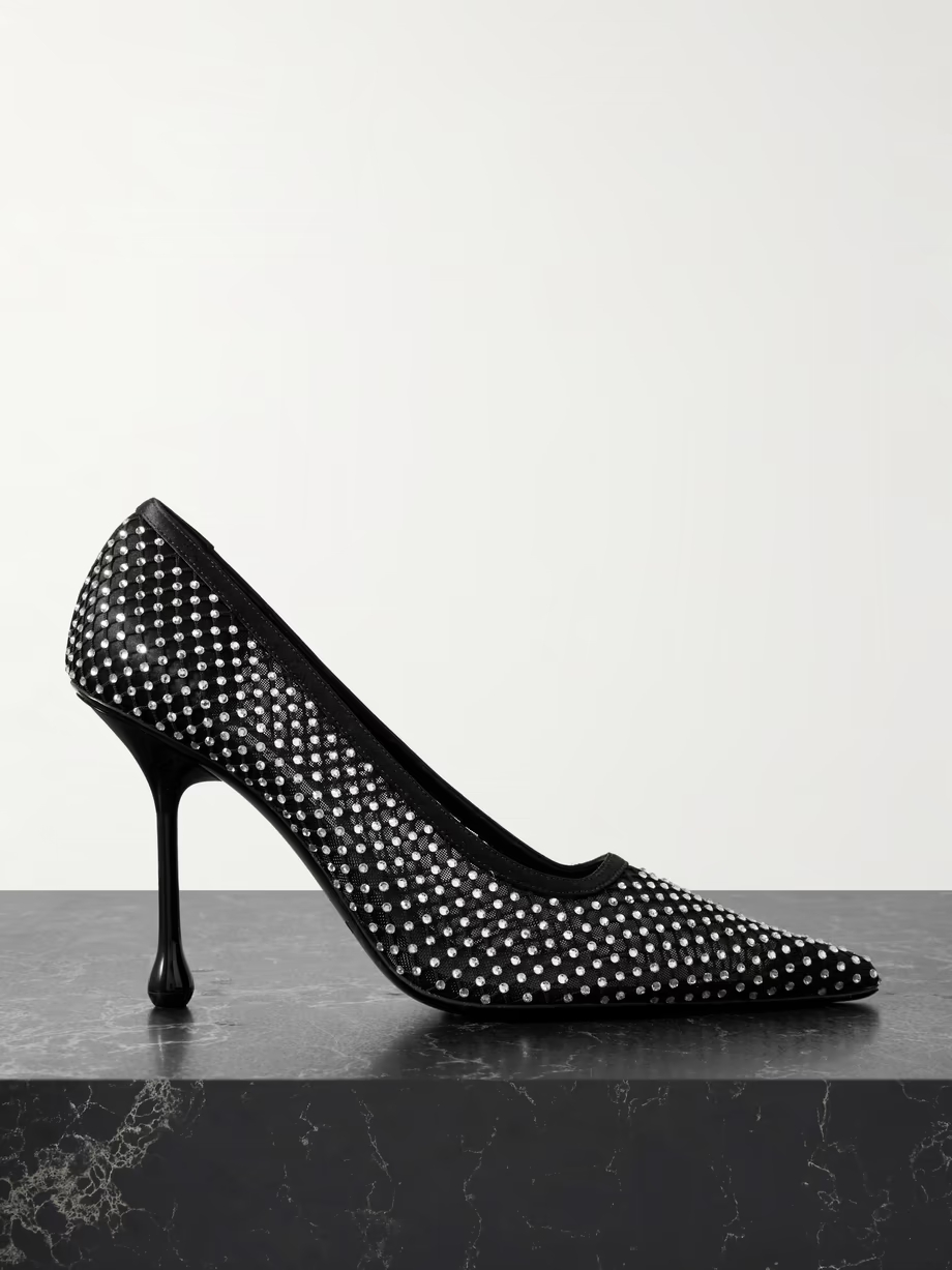 Ixia 95 crystal-embellished satin and mesh point-toe pumps Ixia 95 crystal-embellished satin and mesh point-toe pumps