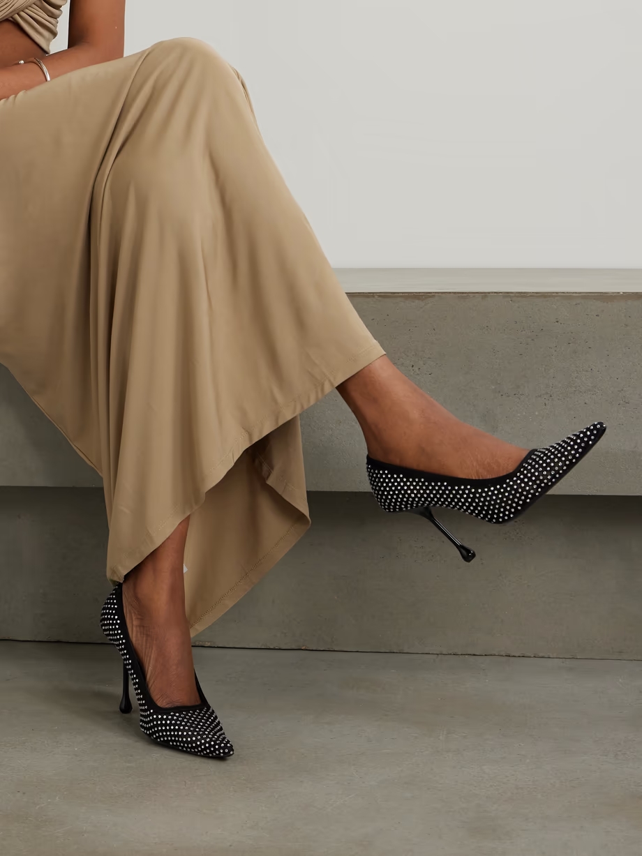 Ixia 95 crystal-embellished satin and mesh point-toe pumps Ixia 95 crystal-embellished satin and mesh point-toe pumps