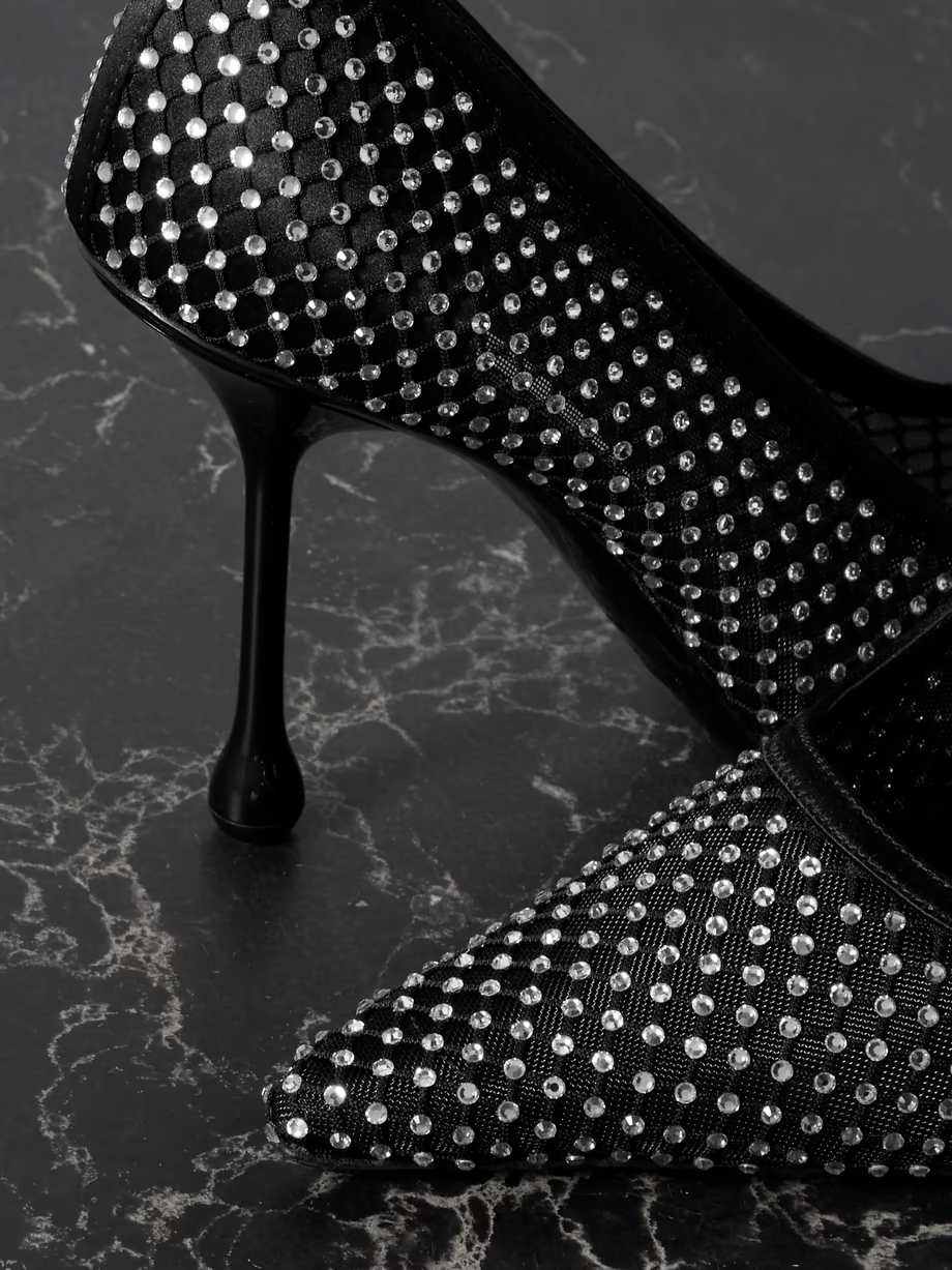 Ixia 95 crystal-embellished satin and mesh point-toe pumps Ixia 95 crystal-embellished satin and mesh point-toe pumps