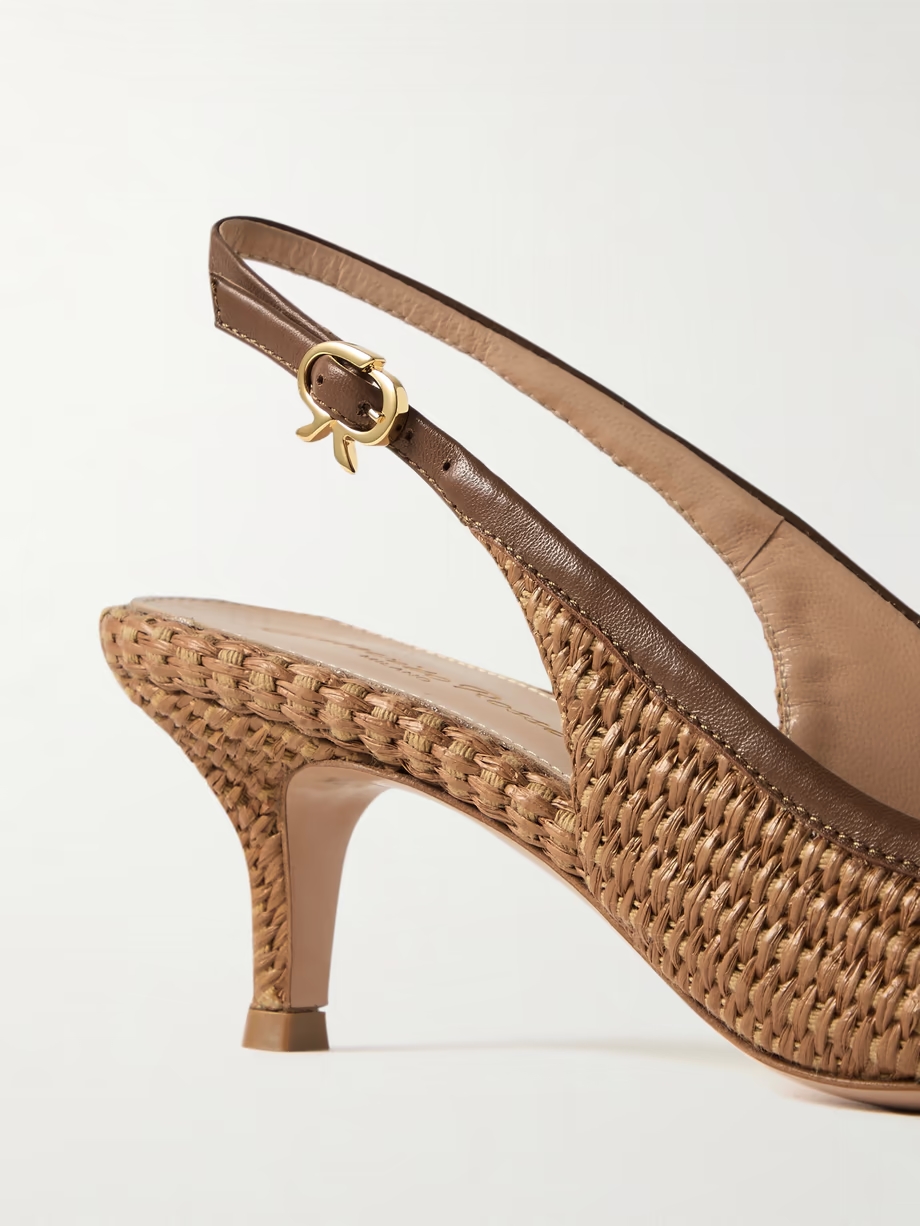 Marbella 55 leather-trimmed raffia slingback pumps Marbella 55 leather-trimmed raffia slingback pumps