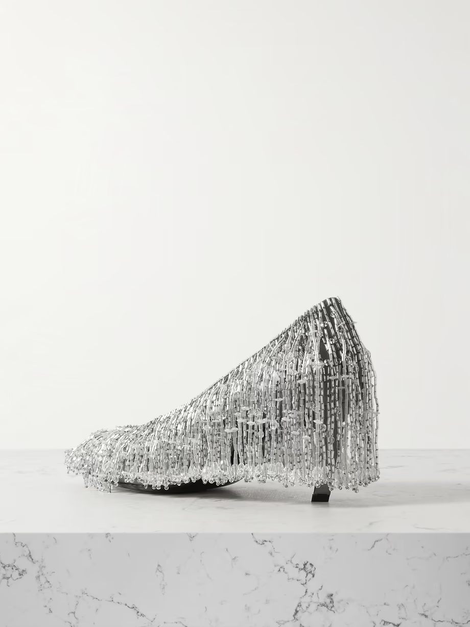 Fringed crystal-embellished satin pumps