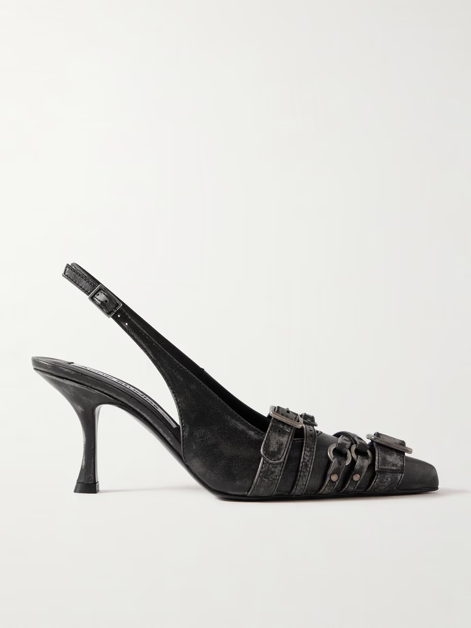 Buckled distressed leather slingback pumps Buckled distressed leather slingback pumps