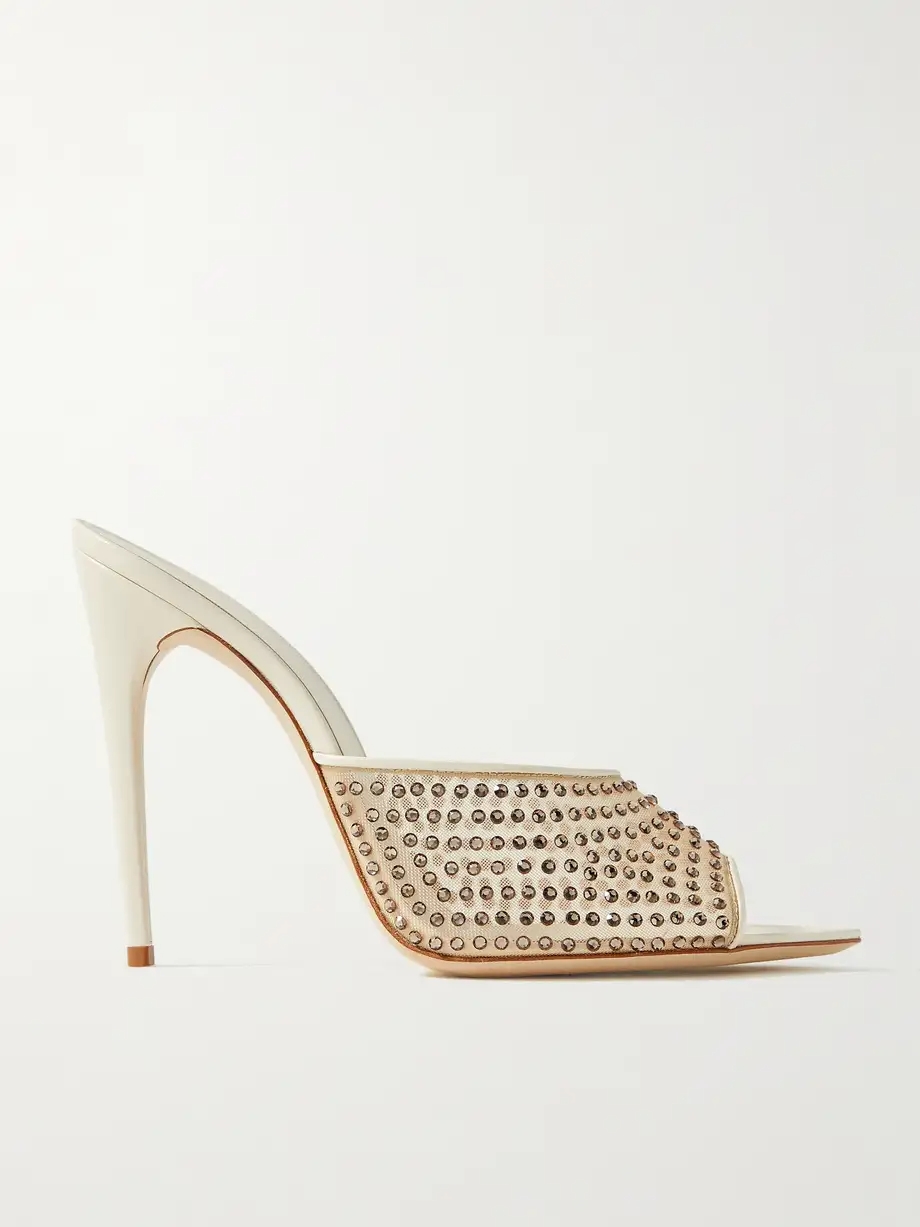 Blonde leather-trimmed crystal-embellished mesh mules Blonde leather-trimmed crystal-embellished mesh mules