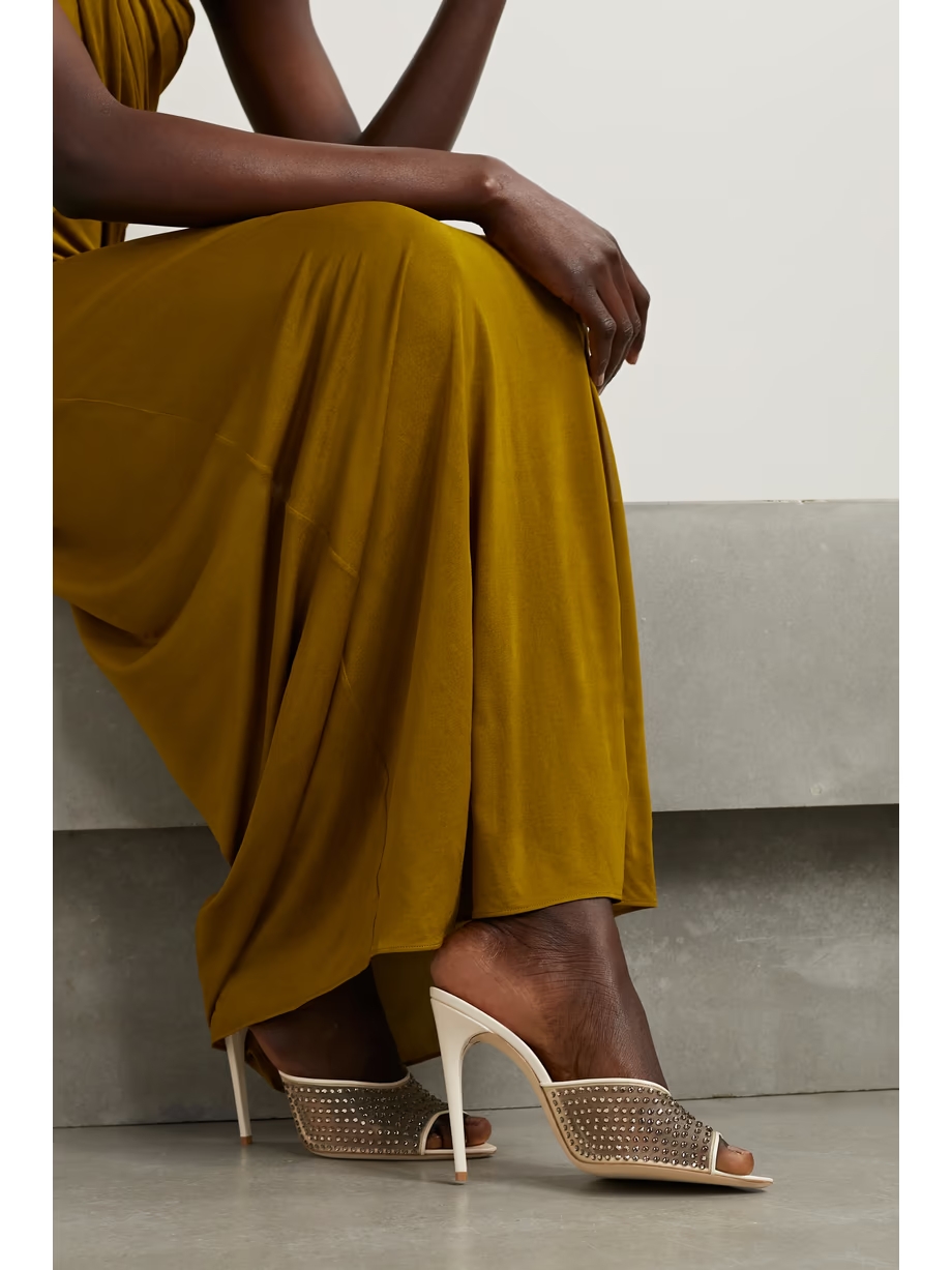 Blonde leather-trimmed crystal-embellished mesh mules Blonde leather-trimmed crystal-embellished mesh mules