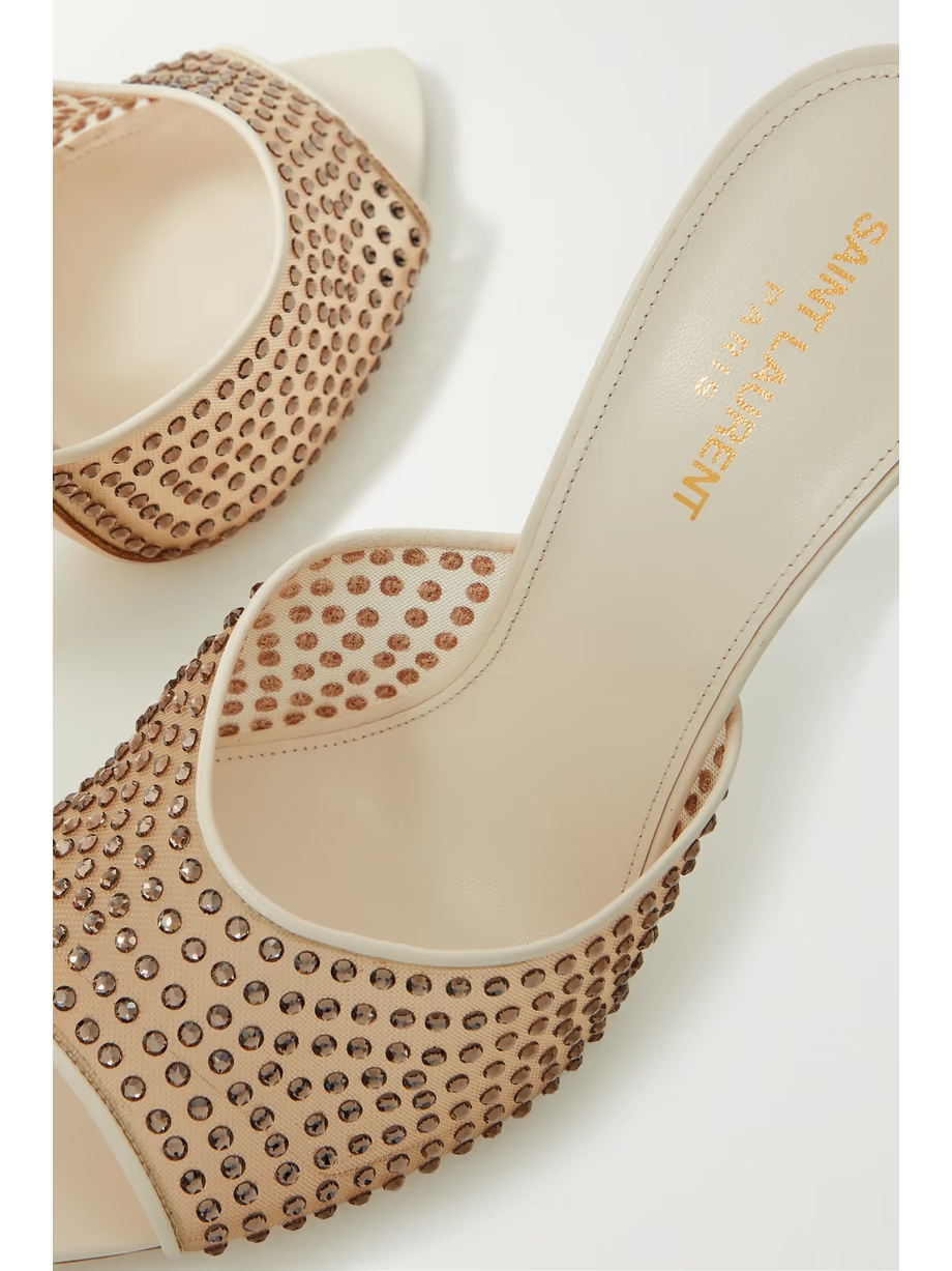 Blonde leather-trimmed crystal-embellished mesh mules Blonde leather-trimmed crystal-embellished mesh mules